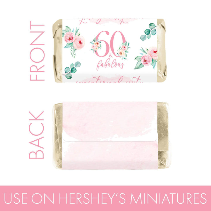 60th Birthday: Floral - Hershey's Miniatures Candy Bar Wrappers - 45 Stickers - Distinctivs Party