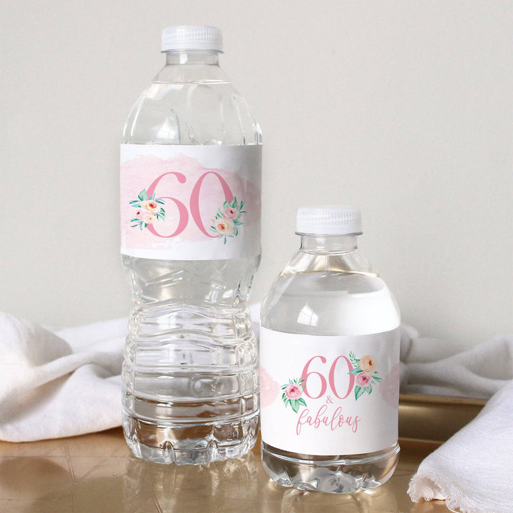 60th Birthday: Floral - Water Bottle Labels - 24 Waterproof Stickers - Distinctivs Party