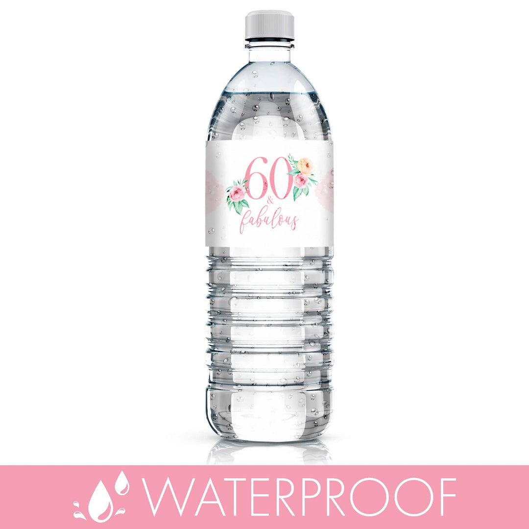 60th Birthday: Floral - Water Bottle Labels - 24 Waterproof Stickers - Distinctivs Party
