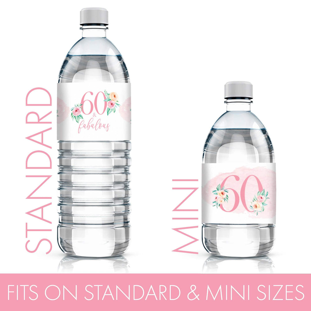 60th Birthday: Floral - Water Bottle Labels - 24 Waterproof Stickers - Distinctivs Party