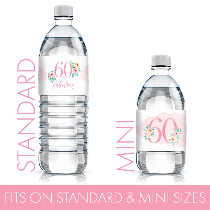 60th Birthday: Floral - Water Bottle Labels - 24 Waterproof Stickers - Distinctivs Party