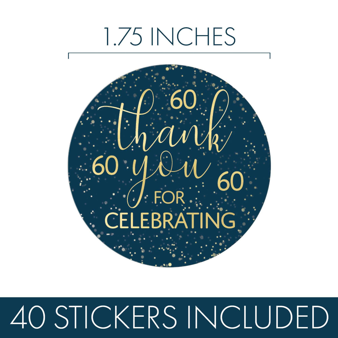 60th Birthday: Navy Blue & Gold - Adult Birthday - Thank You Stickers - Distinctivs Party
