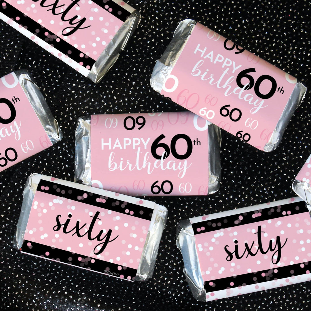 60th Birthday: Pink and Black - Adult Birthday -  Hershey's Miniatures Candy Bar Wrappers Stickers - 45 Stickers - Distinctivs Party