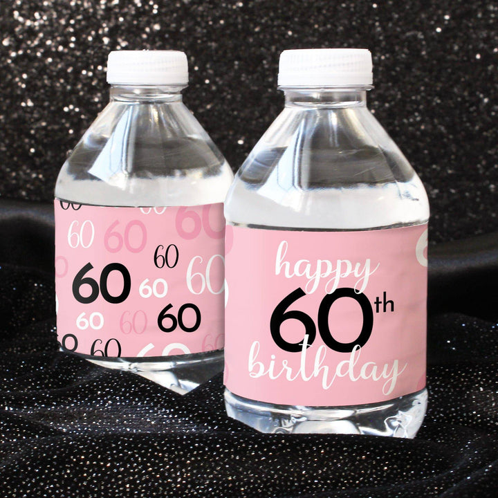60th Birthday: Pink and Gold - Adult Birthday -  Water Bottle Label Stickers - 24 Waterproof Stickers - Distinctivs Party