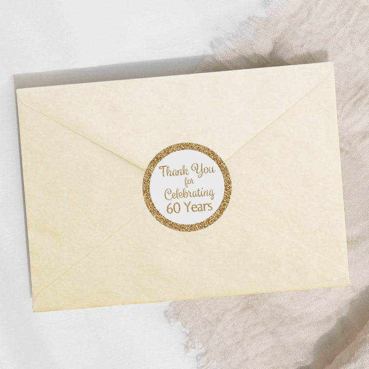 60th Birthday: White and Gold - Adult Birthday -  Thank You - Round Favor Stickers - 40 Stickers - Distinctivs Party