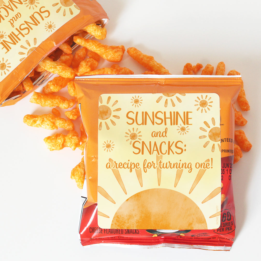 1st Trip Around the Sun - 1st Birthday: Goldfish, Popcorn, Chip Bag, and Snack Bag Stickers - 32 Stickers