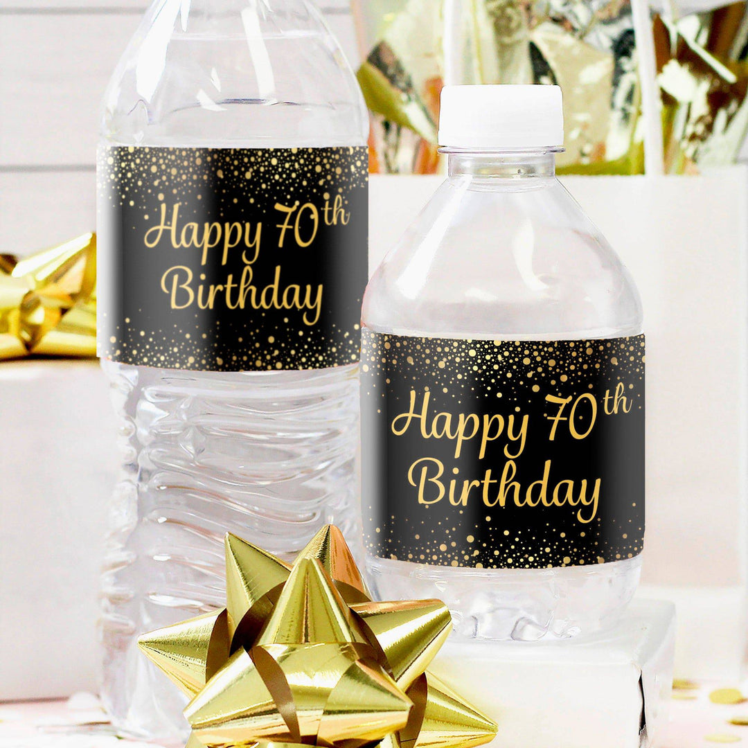 70th Birthday: Black & Gold - Adult Birthday -  Water Bottle Labels - 24 Stickers - Distinctivs Party
