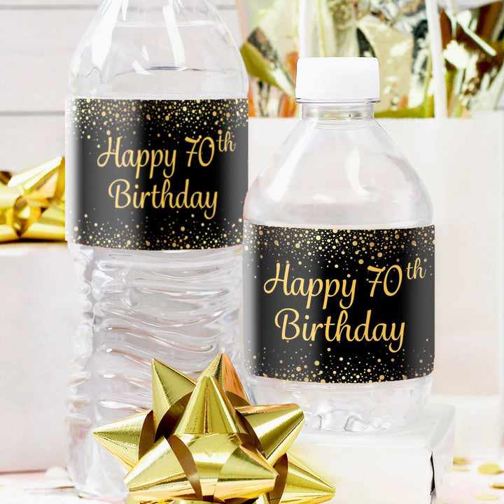 70th Birthday: Black & Gold - Adult Birthday -  Water Bottle Labels - 24 Stickers - Distinctivs Party
