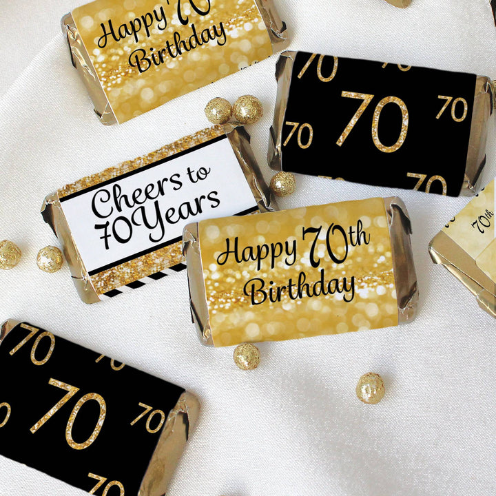 70th Birthday: Black & Gold - Hershey's Miniatures Candy Bar Wrappers Stickers - 45 Stickers - Distinctivs Party