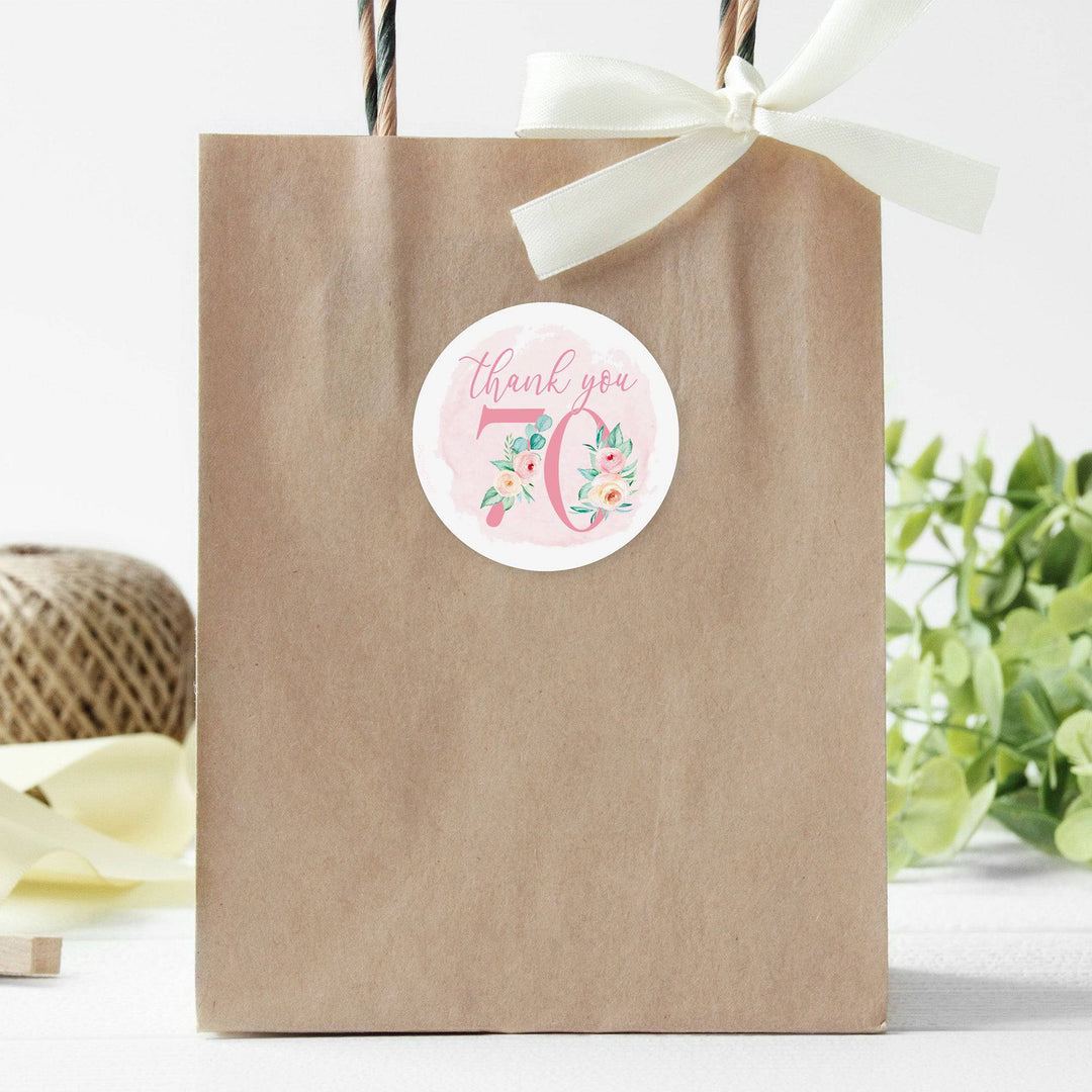 70th Birthday: Floral - Circle Label Thank You Stickers - 40 Stickers - Distinctivs Party