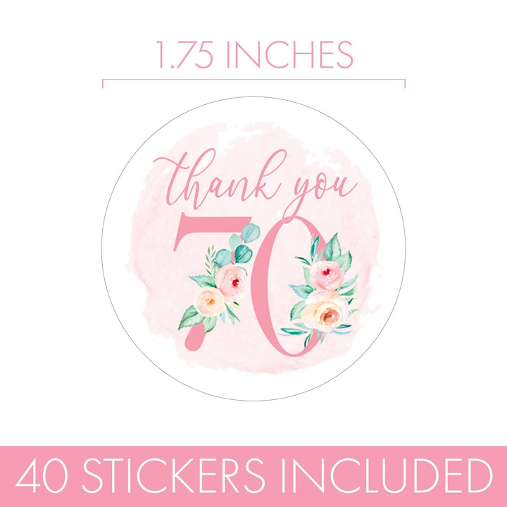 70th Birthday: Floral - Circle Label Thank You Stickers - 40 Stickers - Distinctivs Party