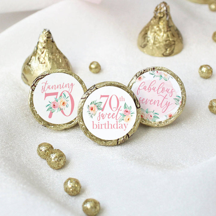 70th Birthday: Floral - Favor Stickers Fits on Hershey's Kisses - 180 Stickers - Distinctivs Party