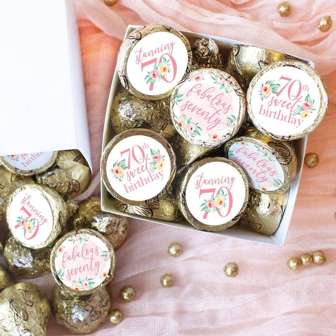 70th Birthday: Floral - Favor Stickers Fits on Hershey's Kisses - 180 Stickers - Distinctivs Party