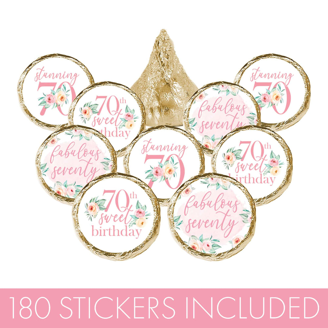 70th Birthday: Floral - Favor Stickers Fits on Hershey's Kisses - 180 Stickers - Distinctivs Party