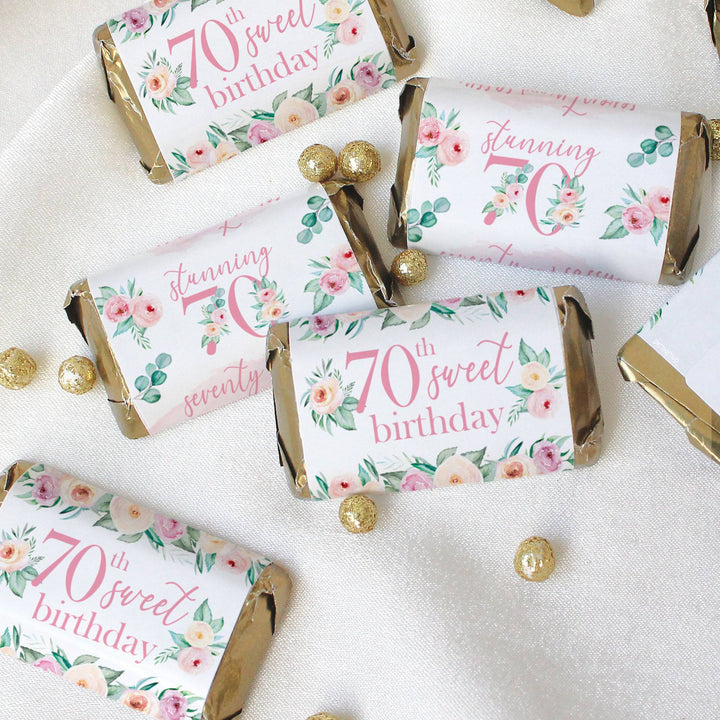 70th Birthday: Floral - Hershey's Miniatures Candy Bar Wrappers - 45 Stickers - Distinctivs Party