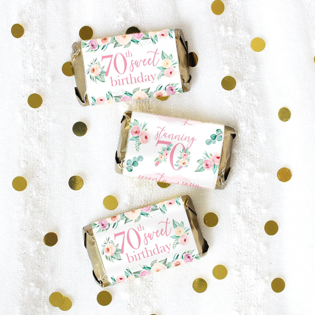 70th Birthday: Floral - Hershey's Miniatures Candy Bar Wrappers - 45 Stickers - Distinctivs Party