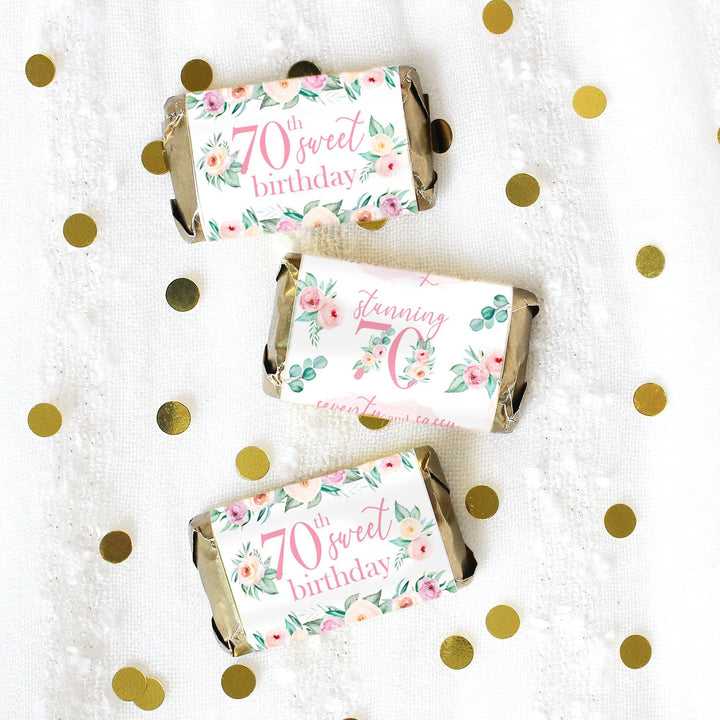70th Birthday: Floral - Hershey's Miniatures Candy Bar Wrappers - 45 Stickers - Distinctivs Party