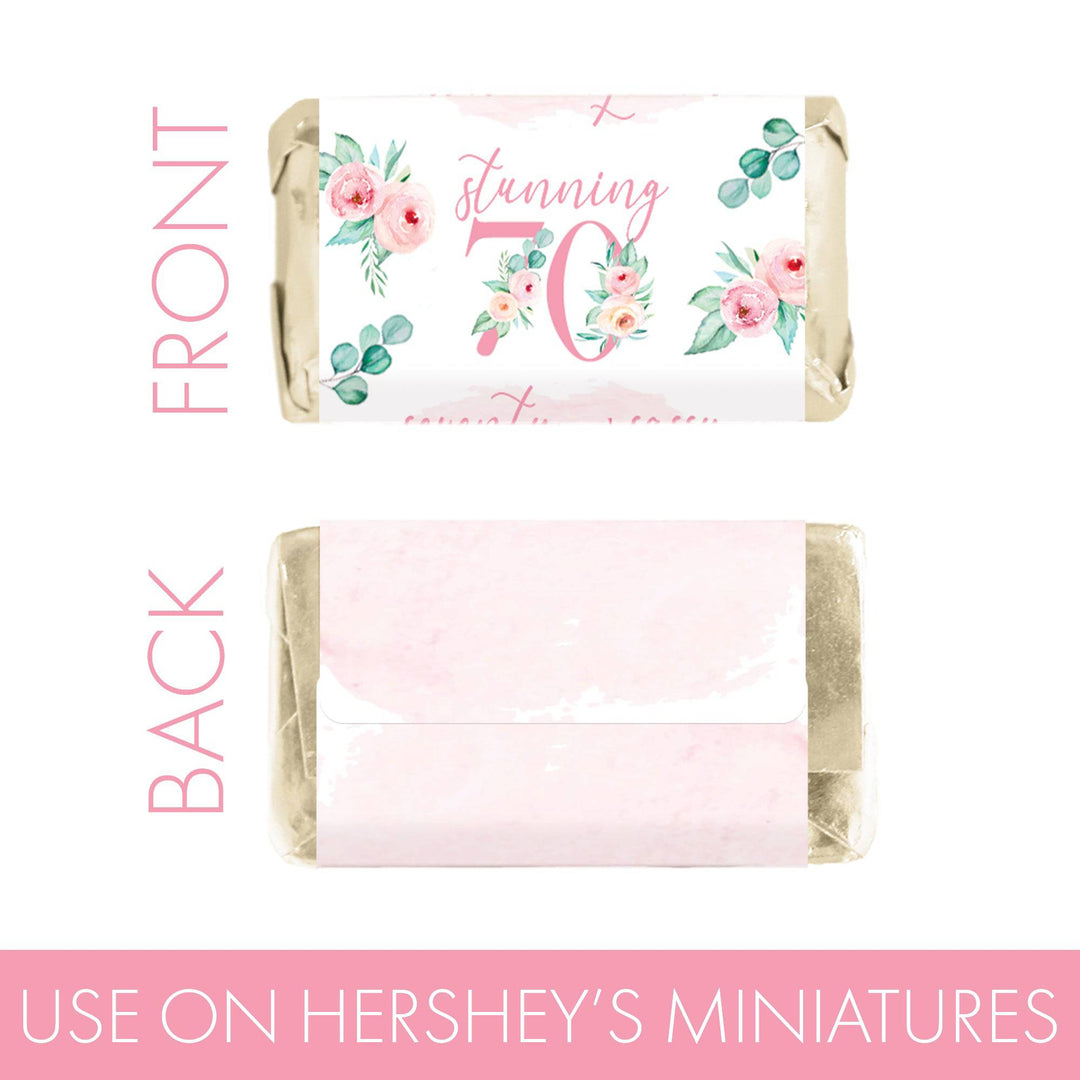 70th Birthday: Floral - Hershey's Miniatures Candy Bar Wrappers - 45 Stickers - Distinctivs Party