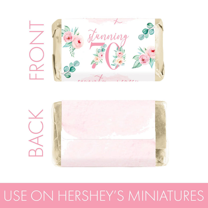 70th Birthday: Floral - Hershey's Miniatures Candy Bar Wrappers - 45 Stickers - Distinctivs Party