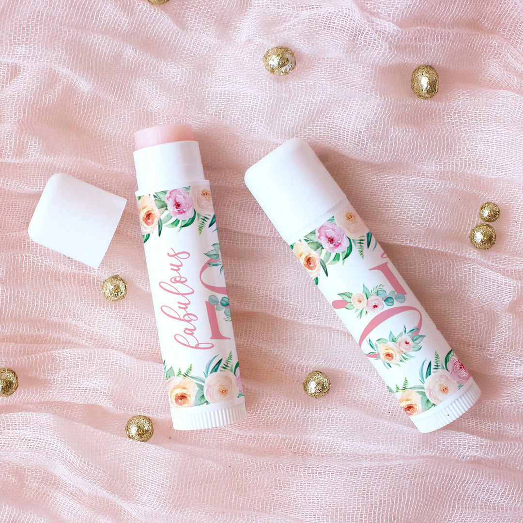70th Birthday: Floral -  Lip Balm Labels - 36 Stickers - Distinctivs Party