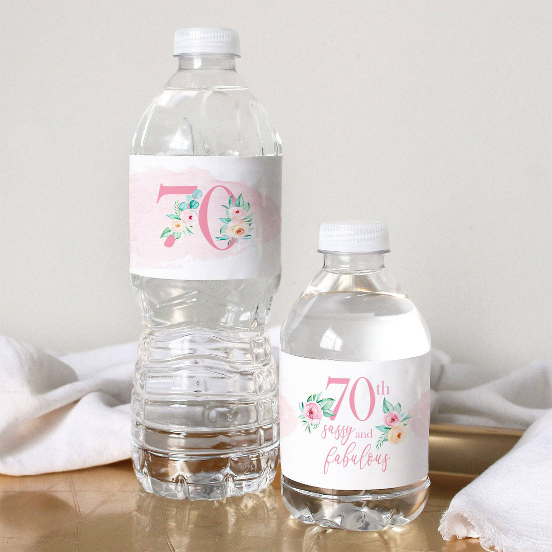 70th Birthday: Floral - Water Bottle Labels - 24 Waterproof Stickers - Distinctivs Party