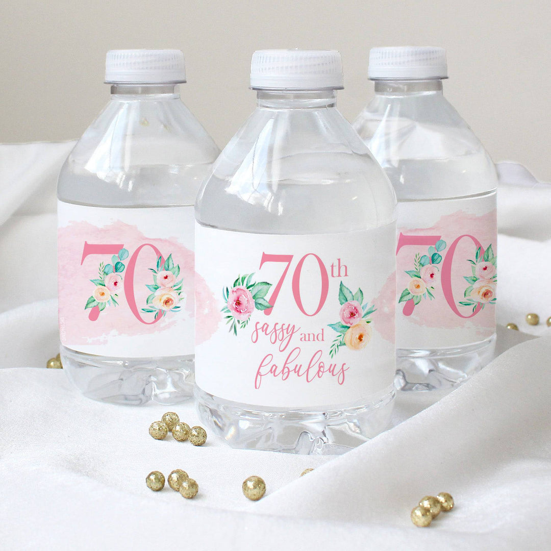 70th Birthday: Floral - Water Bottle Labels - 24 Waterproof Stickers - Distinctivs Party