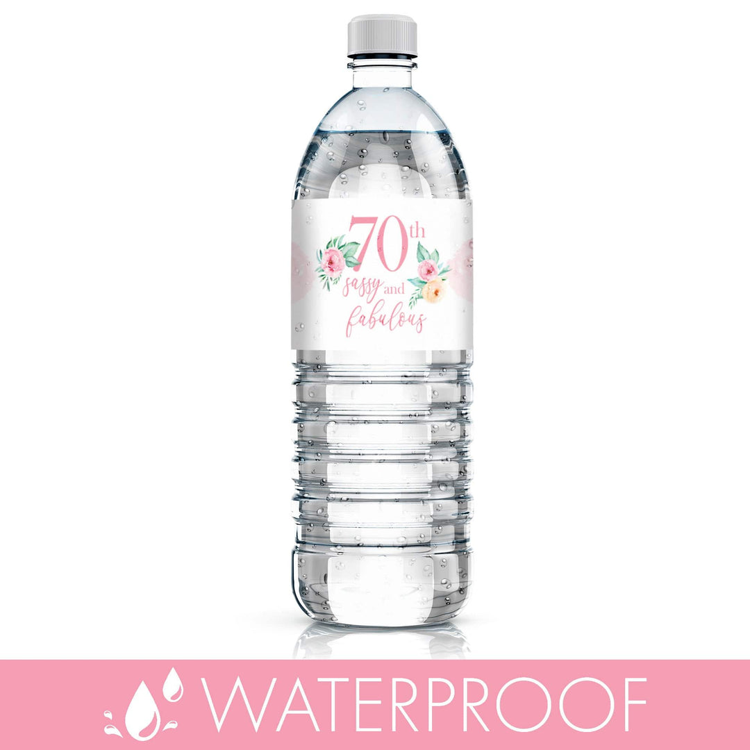 70th Birthday: Floral - Water Bottle Labels - 24 Waterproof Stickers - Distinctivs Party
