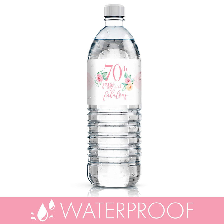 70th Birthday: Floral - Water Bottle Labels - 24 Waterproof Stickers - Distinctivs Party