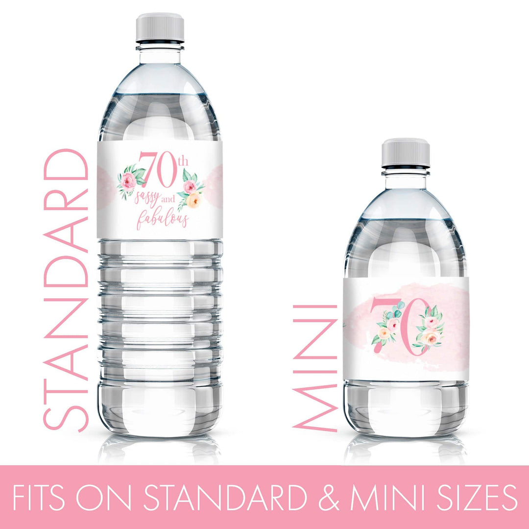 70th Birthday: Floral - Water Bottle Labels - 24 Waterproof Stickers - Distinctivs Party