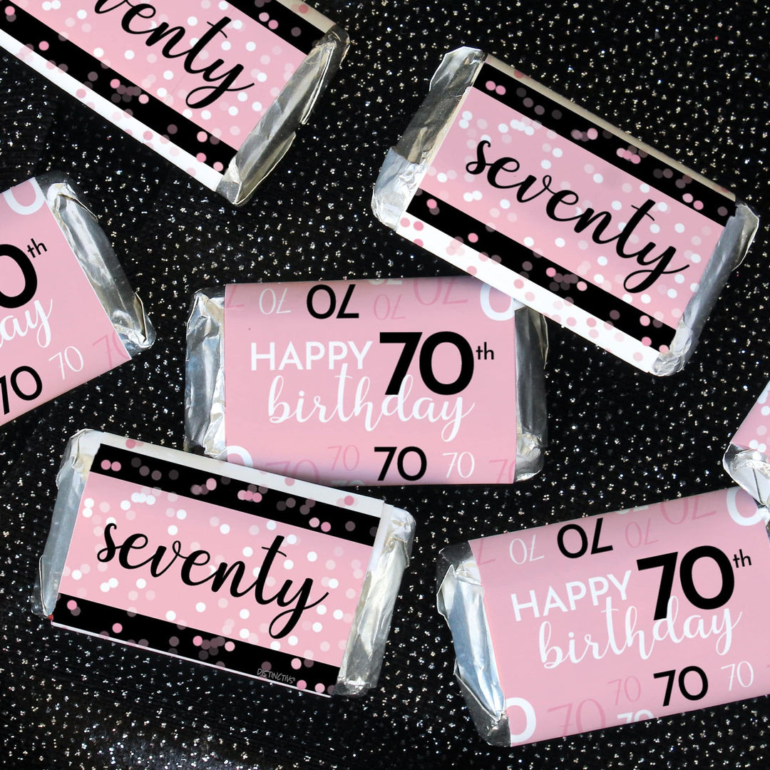 70th Birthday: Pink and Black - Adult Birthday -  Hershey's Miniatures Candy Bar Wrappers Stickers - 45 Stickers - Distinctivs Party