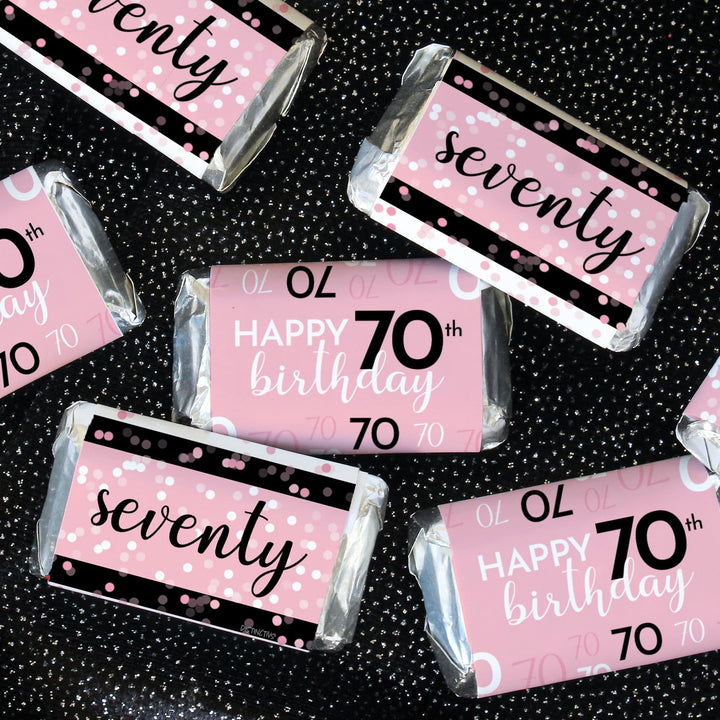 70th Birthday: Pink and Black - Adult Birthday -  Hershey's Miniatures Candy Bar Wrappers Stickers - 45 Stickers - Distinctivs Party