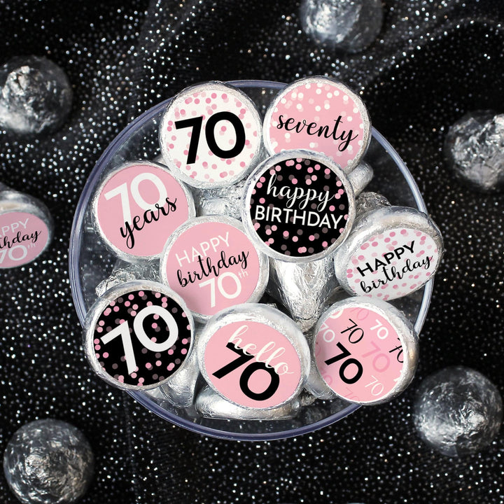 70th Birthday: Pink and Black - Adult Birthday -  Party Favor Stickers - Fits on Hershey's Kisses - 180 Stickers - Distinctivs Party