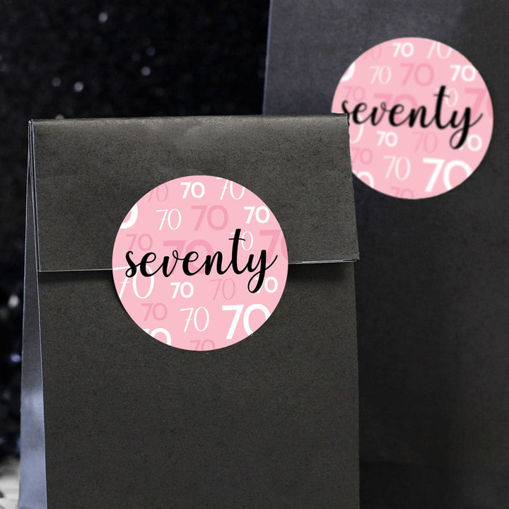 70th Birthday: Pink and Black - Adult Birthday -  Round Favor Stickers - 40 Stickers - Distinctivs Party