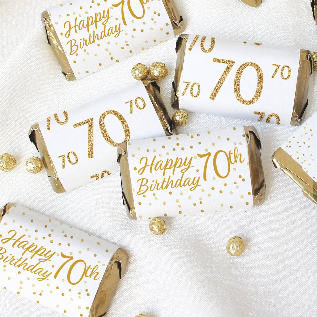 70th Birthday: White and Gold Party - Adult Birthday - Hershey's Miniatures Candy Bar Wrappers Stickers - 45 Stickers - Distinctivs Party
