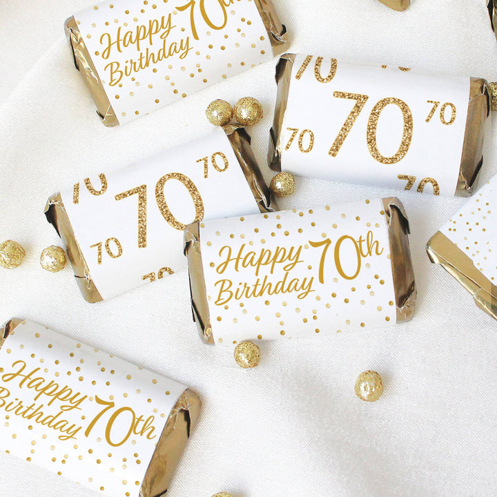 70th Birthday: White and Gold Party - Adult Birthday - Hershey's Miniatures Candy Bar Wrappers Stickers - 45 Stickers - Distinctivs Party
