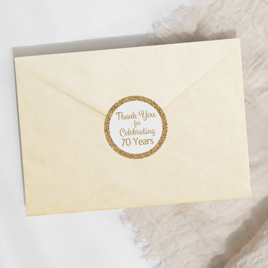 70th Birthday: White and Gold Party - Adult Birthday - Thank You -  Round Favor Stickers - 40 Stickers - Distinctivs Party
