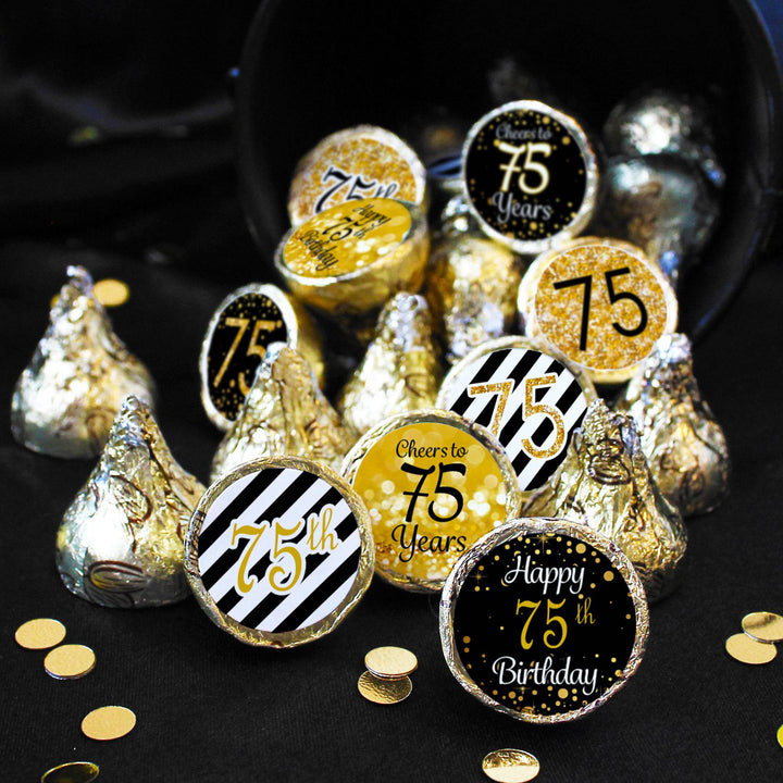 75th Birthday: Black & Gold - Fits on Hershey's Kisses - 180 Stickers - Distinctivs Party