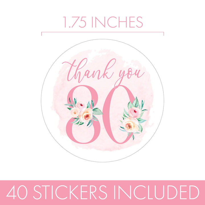 80th Birthday: Floral - Circle Label Thank You Stickers - 40 Stickers - Distinctivs Party