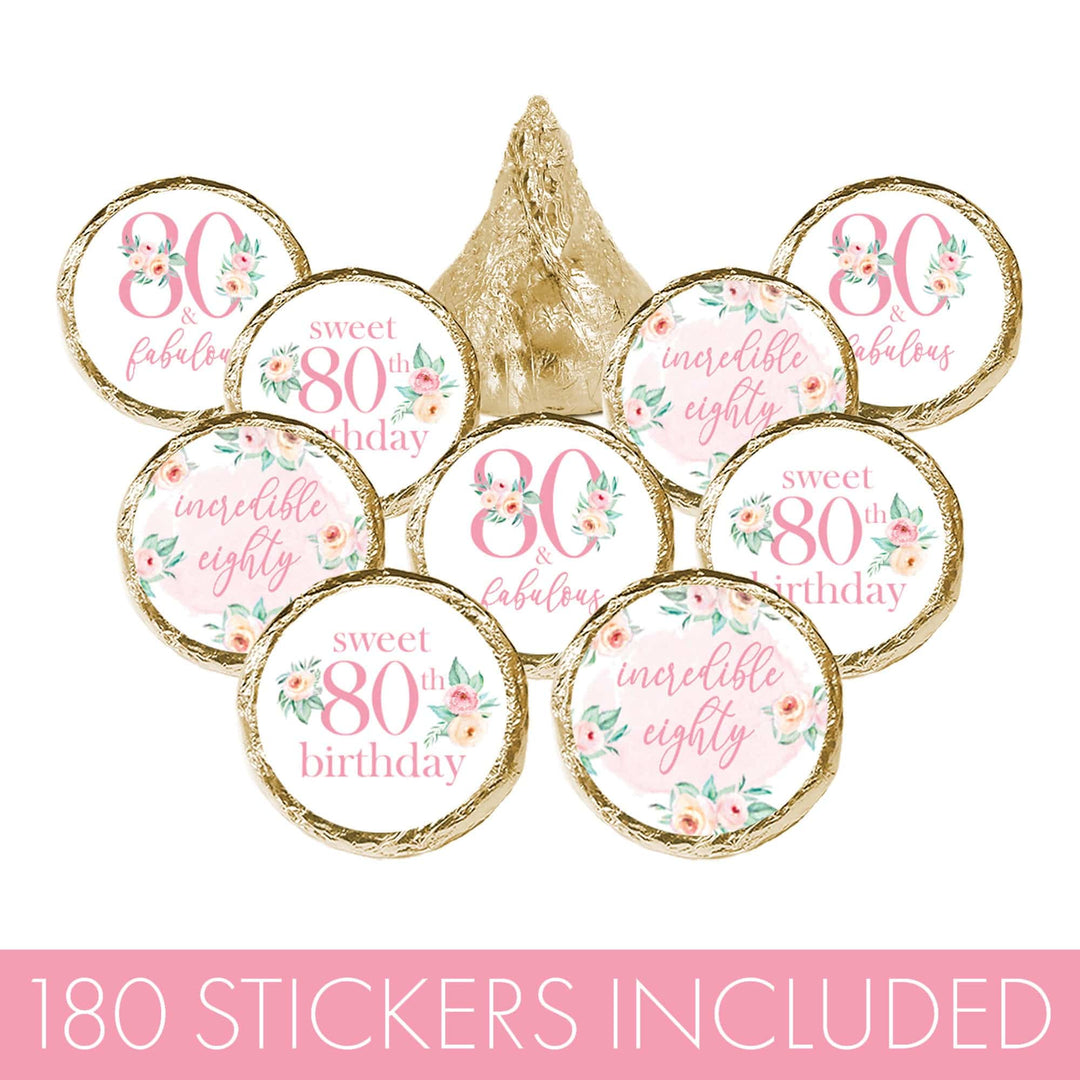 80th Birthday: Floral - Favor Stickers Fits on Hershey's Kisses - 180 Stickers - Distinctivs Party