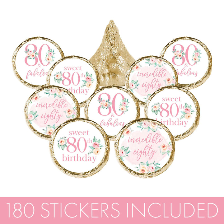 80th Birthday: Floral - Favor Stickers Fits on Hershey's Kisses - 180 Stickers - Distinctivs Party