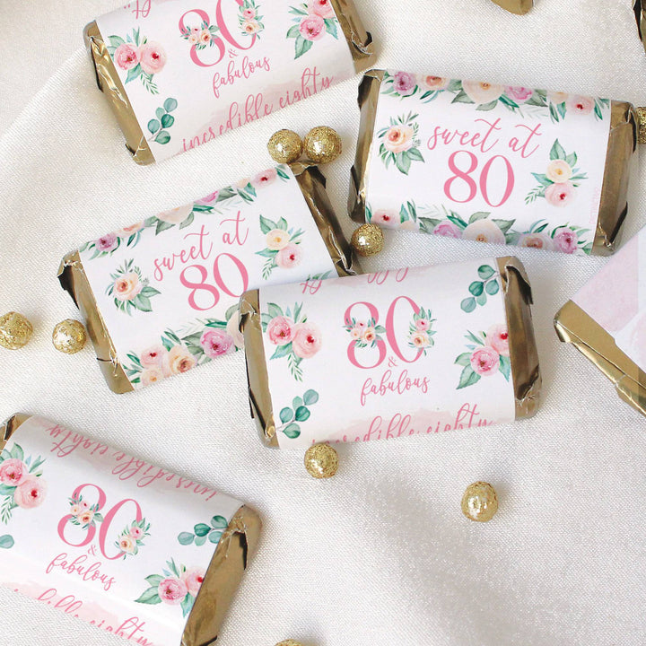 80th Birthday: Floral - Hershey's Miniatures Candy Bar Wrappers - 42 Stickers - Distinctivs Party