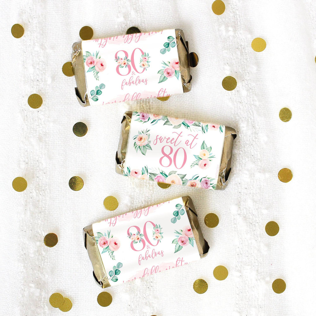 80th Birthday: Floral - Hershey's Miniatures Candy Bar Wrappers - 42 Stickers - Distinctivs Party