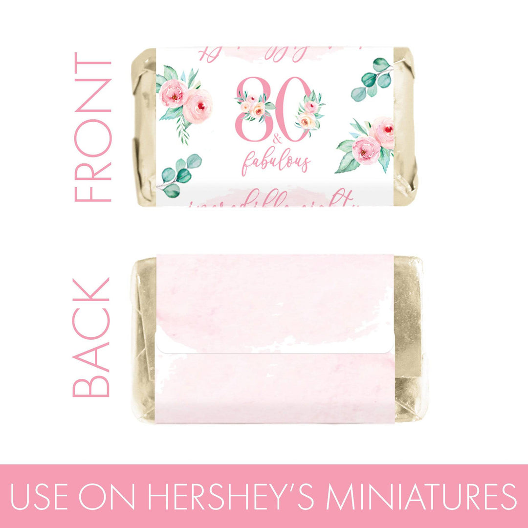 80th Birthday: Floral - Hershey's Miniatures Candy Bar Wrappers - 42 Stickers - Distinctivs Party