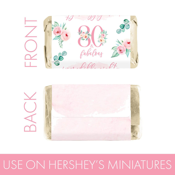 80th Birthday: Floral - Hershey's Miniatures Candy Bar Wrappers - 42 Stickers - Distinctivs Party
