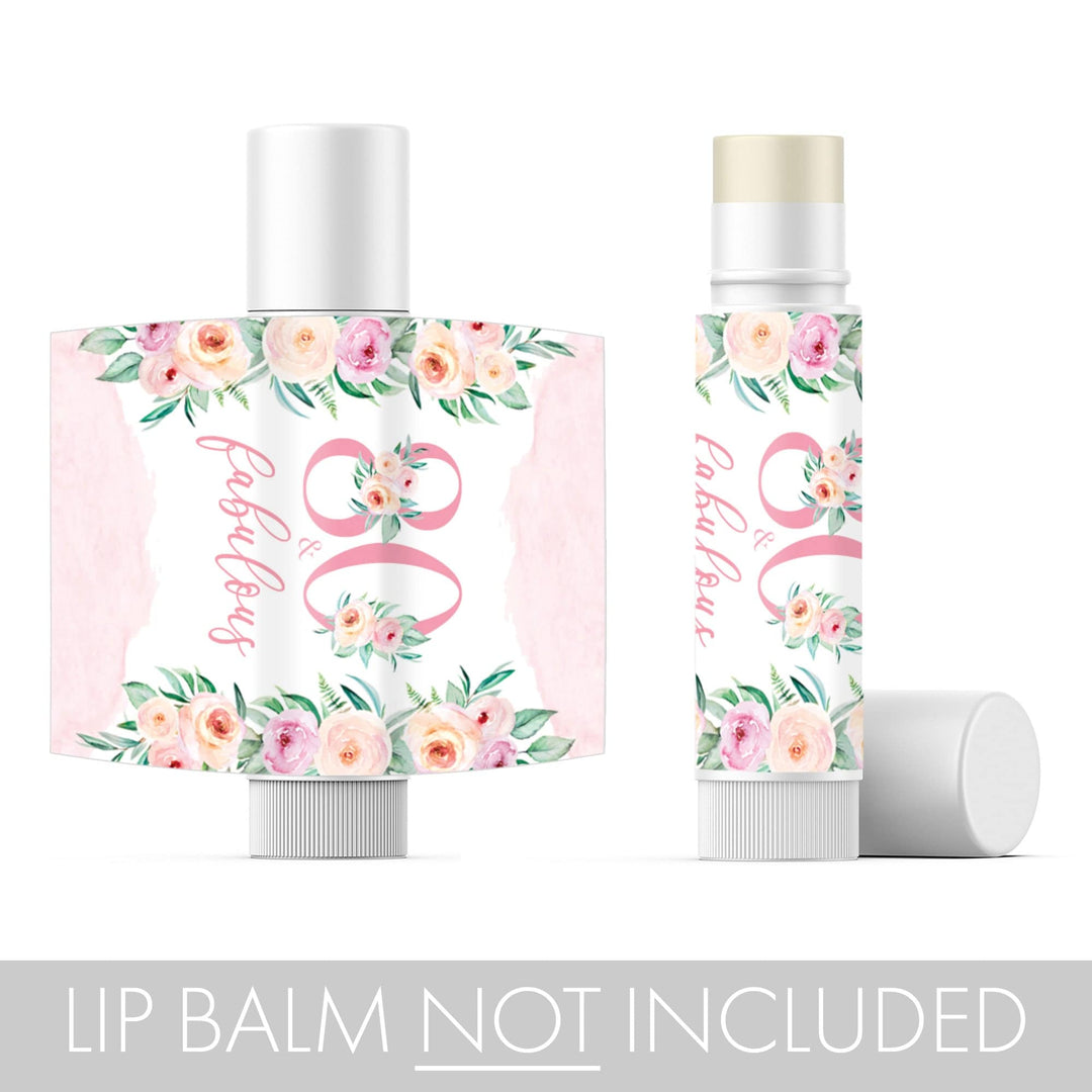 80th Birthday: Floral -  Lip Balm Labels - 36 Stickers - Distinctivs Party