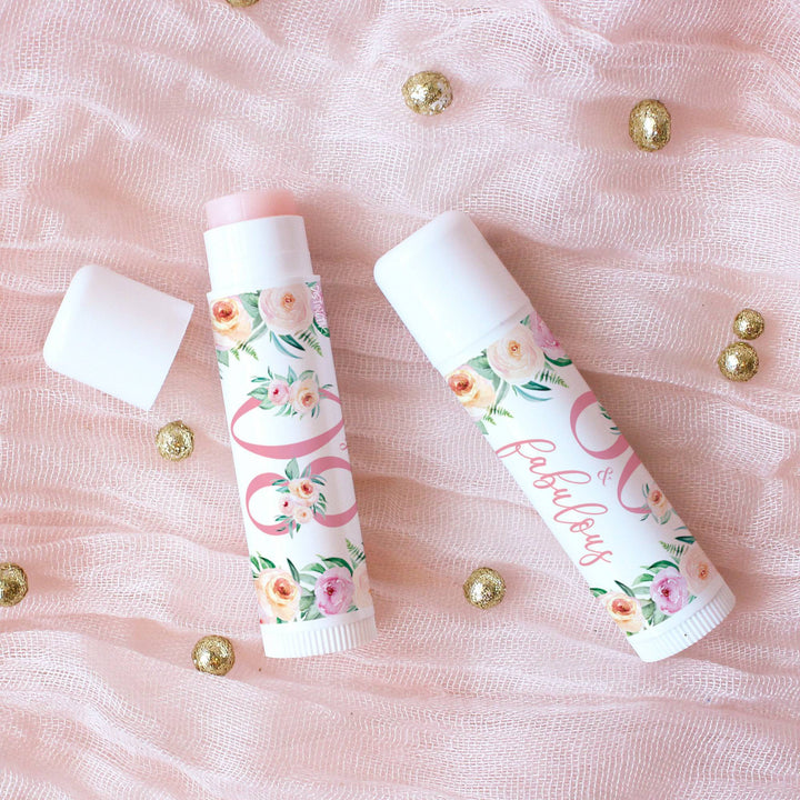 80th Birthday: Floral -  Lip Balm Labels - 36 Stickers - Distinctivs Party