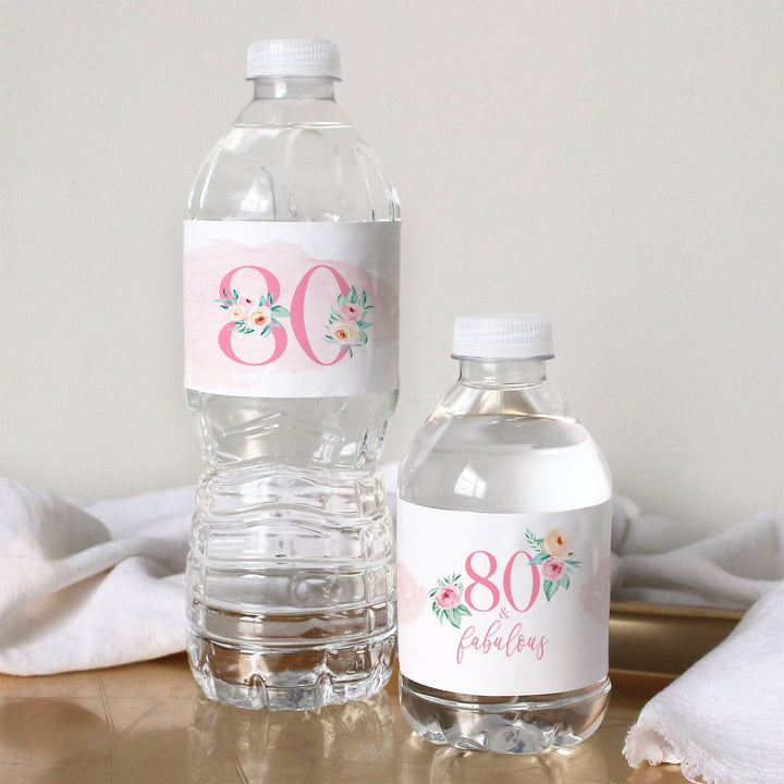 80th Birthday: Floral - Water Bottle Labels - 24 Waterproof Stickers - Distinctivs Party