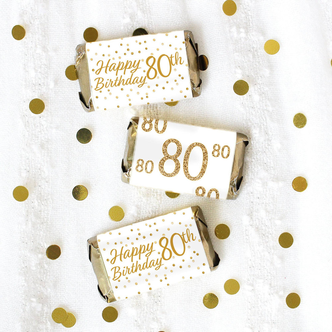 80th Birthday: White and Gold - Adult Birthday - Hershey's Miniatures Candy Bar Wrappers Stickers - 45 Stickers - Distinctivs Party