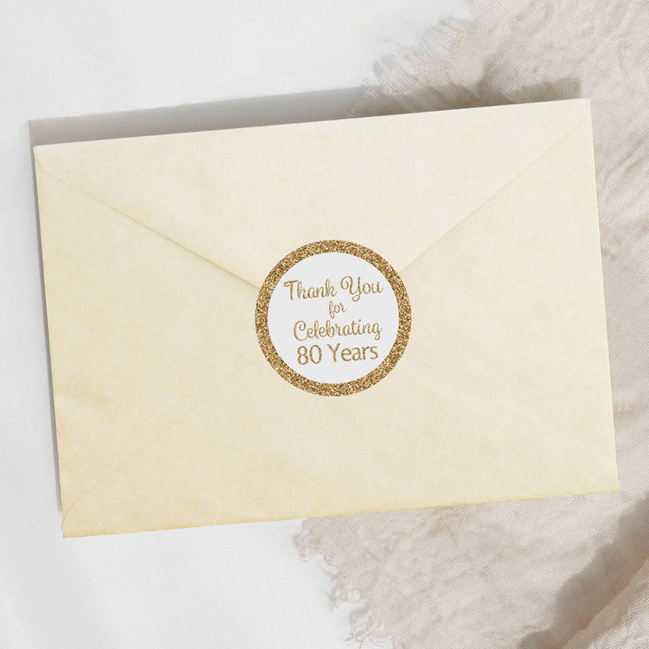 80th Birthday: White and Gold - Adult Birthday -  Thank You - Round Favor Stickers - 40 Stickers - Distinctivs Party