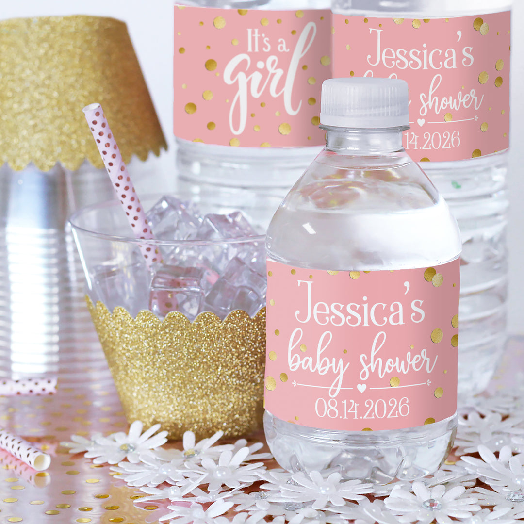 Personalized Gold Confetti: Pink - It's a Girl Baby Shower Water Bottle Labels - 24 Stickers